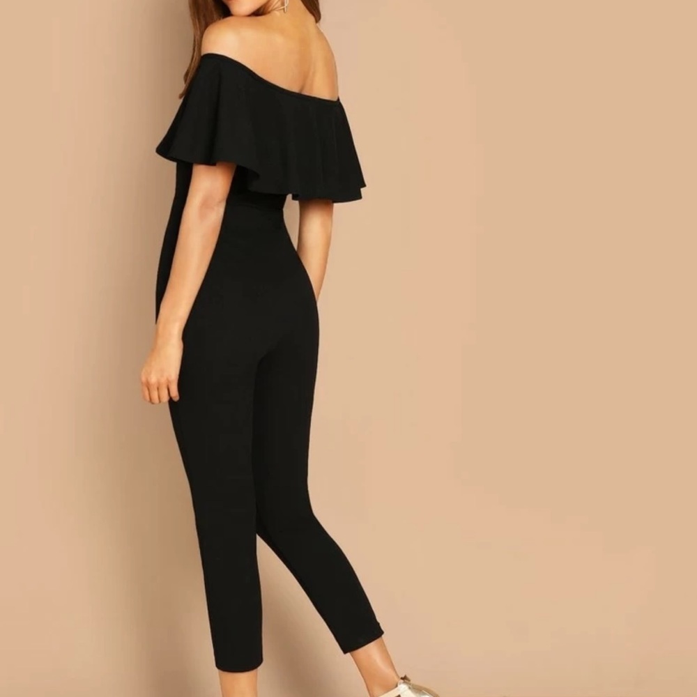 Off the Shoulder Flounce Foldover Front Frill Skinny leg Jumpsuit minimalist - Picture 2 of 3